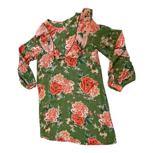 FARM Rio Anthropologie Elinor Tunic Dress Green & Pink Floral Ruffle Size M - Picture 6 of 14